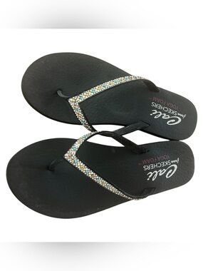 Skechers Cali Yoga Foam Black Rhinestone Flip Flop Sandals Size 10